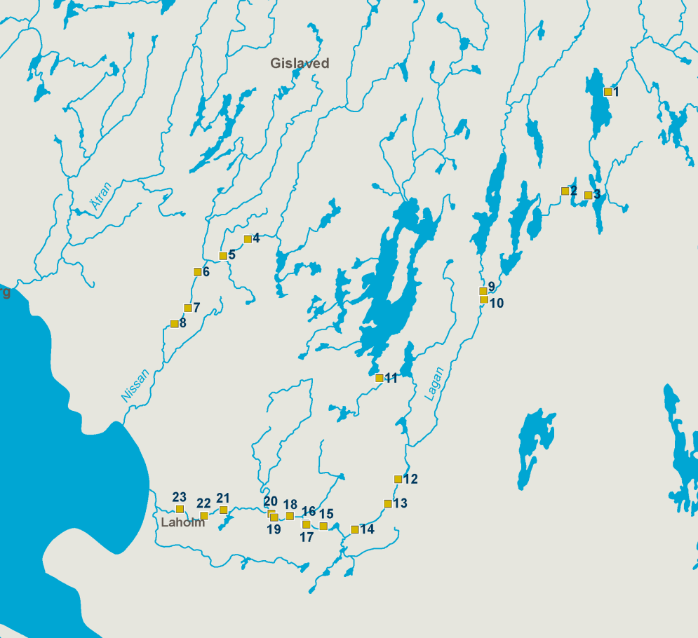 Kraftverksgrupp Syd 1. Långö 2. Värmeshult 3. Ivarsfors 4. Hylte 5. Gustavsberg 6. Nyebro 7. Fröslida 8. Nissaström 9. Åby 10. Bro 11. Skeen 12. Traryd 13.