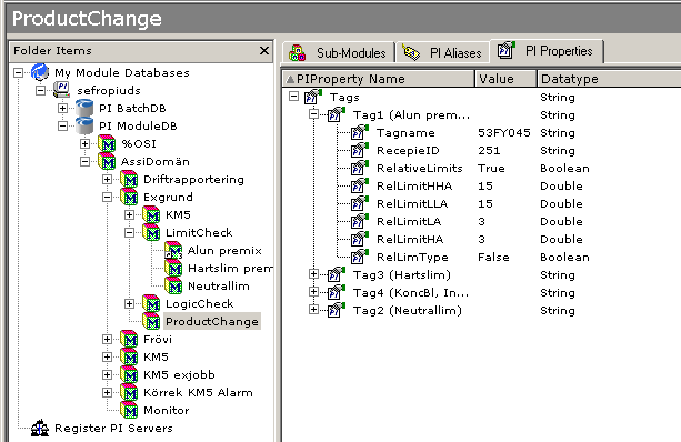 Figur 4. Bilden visar PI ModuleDB. I vänstra delen av bilden ser man att modulen AssiDomän har sju undermoduler varav 6 av dessa har minst en undermodul var (det ser man på +-tecknet framför).