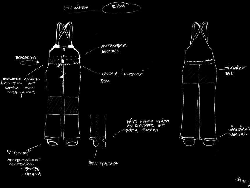 Vid utarbetning kring helheten skissades jackan och byxorna för sig. Utifrån de detaljer som skissats på tidigare sammansattes de till en helhet.