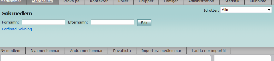 Huvudförening/sektion Växla mellan sektion och huvudförening Längst upp till höger (se inringat fält) finns en drop-down-lista som syftar till att snabbt kunna växla mellan de olika sektionerna i