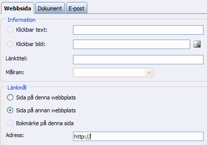 Länk till sida på annan webbplats Här kan du välja att länka sidan till en extern länk.