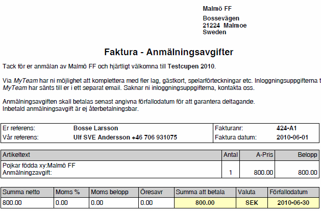 Exempel på MyTeam-portalen när lagledaren har loggat in: Faktura och