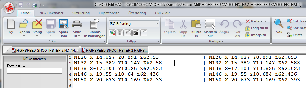 CIMCO Edit Edu 7 Intelligent filjämförelse CIMCO Edit 7 innehåller en snabb och fullt konfigurerbar sida-vid-sida-filjämförelse som möjliggör för användare att snabbt hitta förändringar i sina