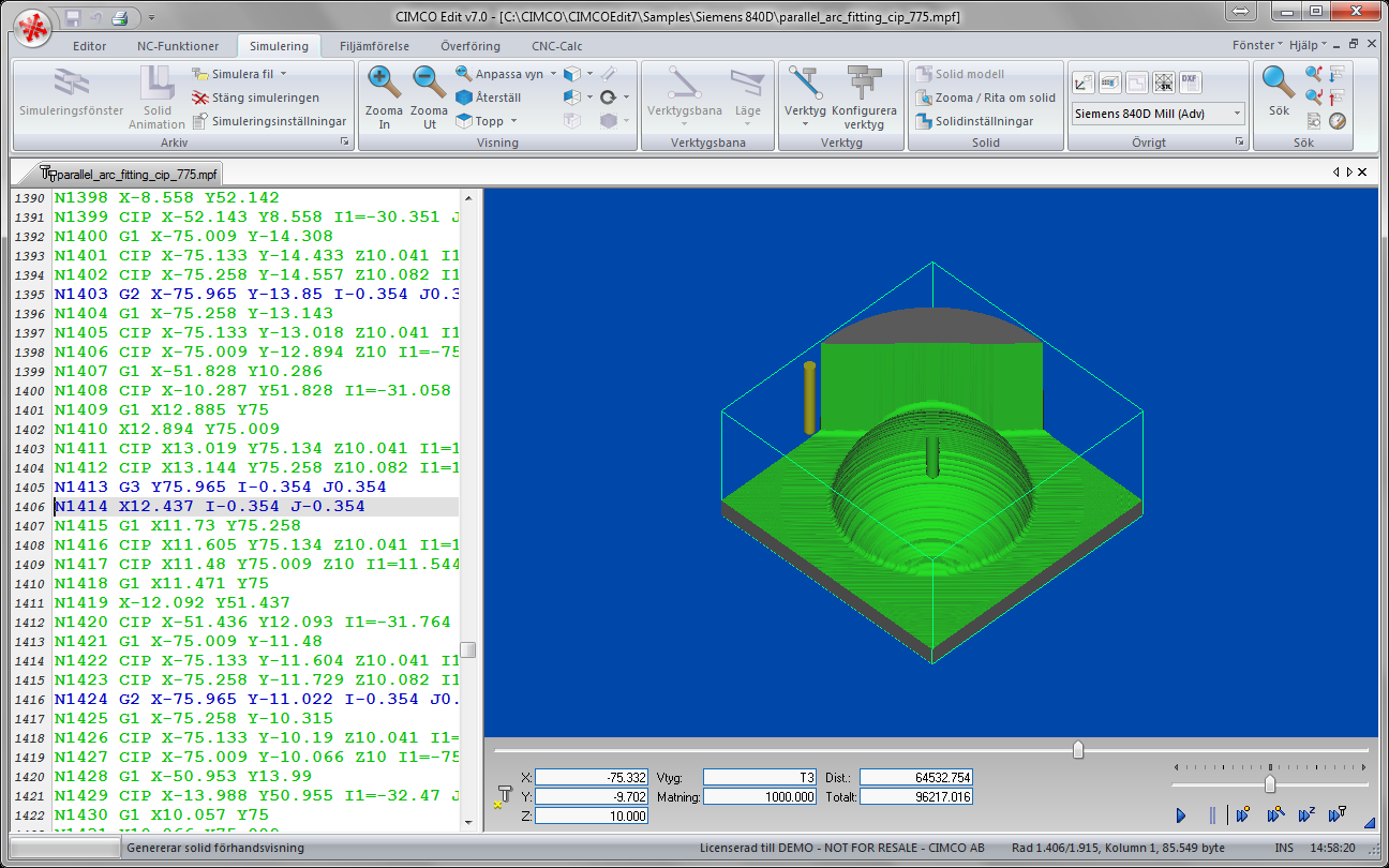 Ändra CNC-programmet och förändringen uppdateras automatiskt i simuleringen.