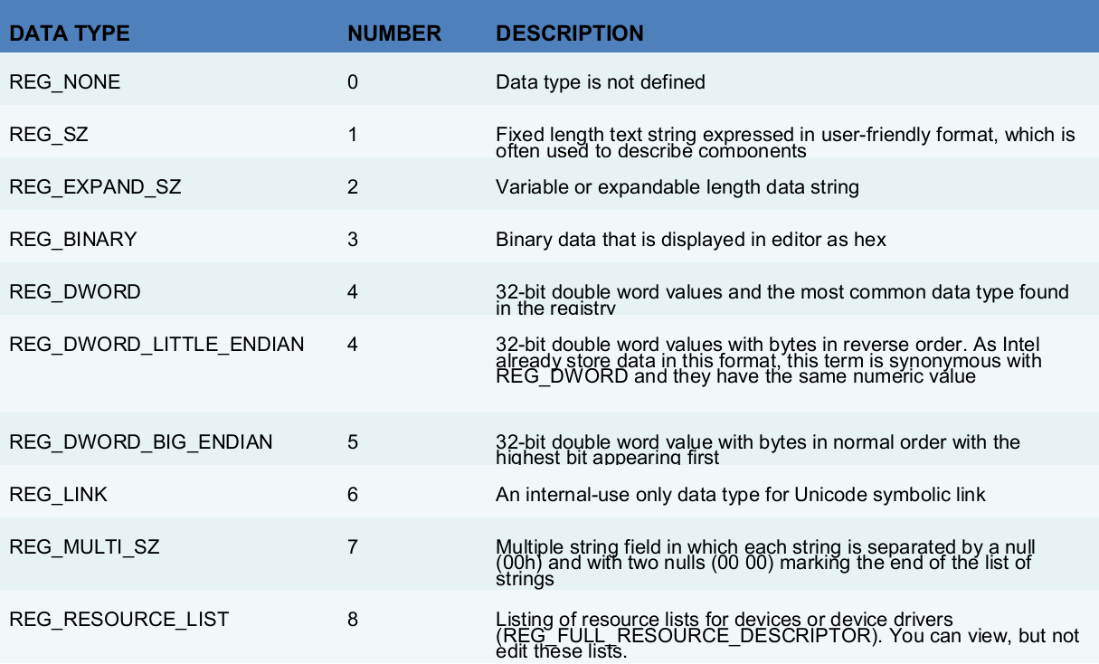 Registry data types Programs may