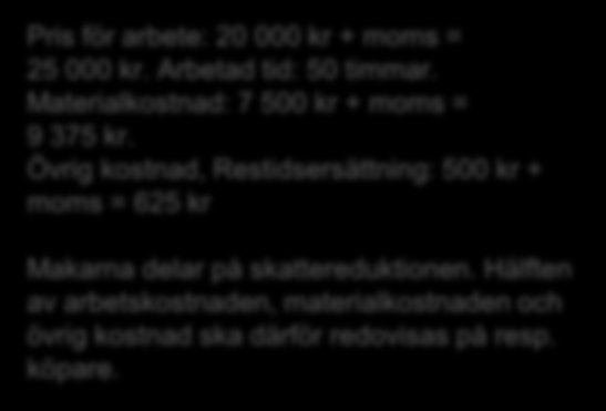 Pris för arbete: 20 000 kr + moms = 25 000 kr. Arbetad tid: 50 timmar. Materialkostnad: 7 500 kr + moms = 9 375 kr.