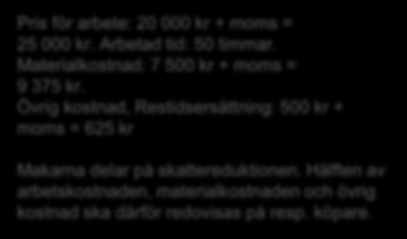 Pris för arbete: 20 000 kr + moms = 25 000 kr. Arbetad tid: 50 timmar. Materialkostnad: 7 500 kr + moms = 9 375 kr.