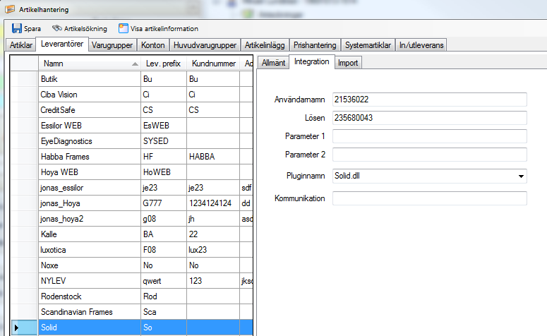 Integration med Solid försäkringar. Skapa Solid som leverantör. Mata in ombuds identitet som användarnamn. Mata in lösen. Välj Solid som plugin.