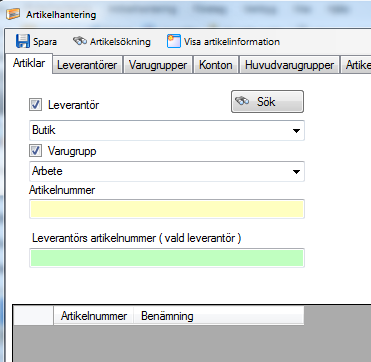 Artikelhantering Möjlighet att söka på leverantörs artikel nummer under fliken artiklar.
