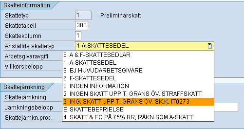 Skatteberäkning för sommarbarn i SAP 2(2) Hanteras tidigare via 00 i Skattejämkn procent och 18823 i Villkorsbelopp Ersätts av två koder i Anställds skattetyp Skatteintyg har lämnats, över