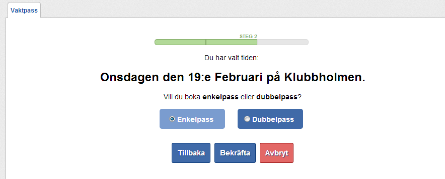 Efter valet av enkelpass eller dubbelpass trycker man på Bekräfta I denna vy ser man nu på bokningsstegen högst upp att man befinner sig i steg 3 och att bokningen är slutförd.