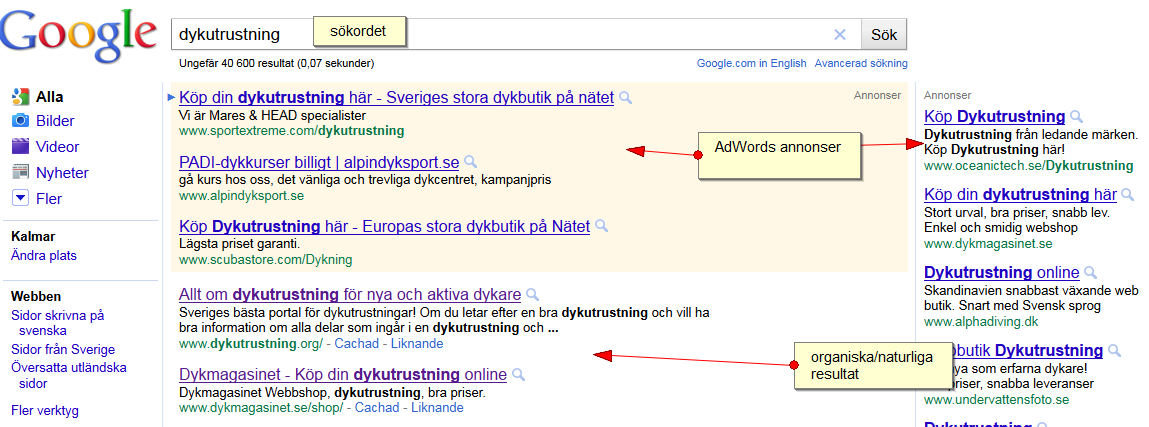 Bilaga 1 AdWords och organiskt resultat på Google 7.1 Google resultat exempel Källa: http://www.google.