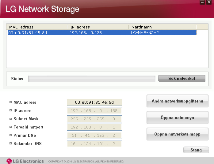 Användning av programvarorna När LG Network Storage på CD:n LG Network Storage PC Software Installer har installerats på LG Network Storage, starta programmet och klicka på öppna nätverkets