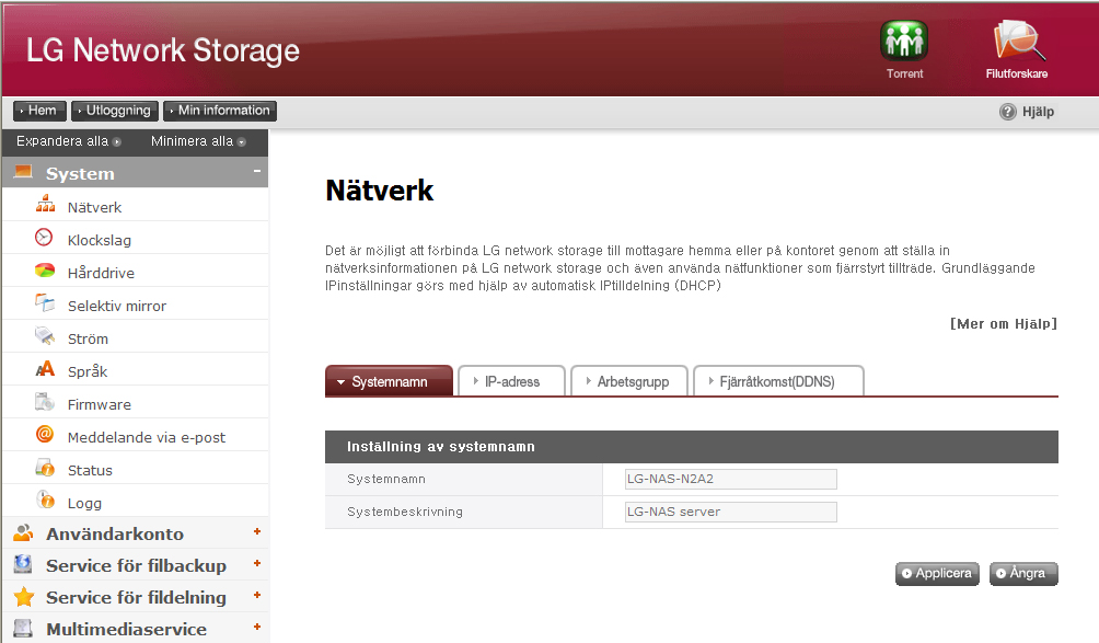 7-1. Konfigurering Nätverkskonfigurering I menyn för nätverksinställning görs viktiga inställningar för att kunna ansluta LG Network Storage till nätverket.