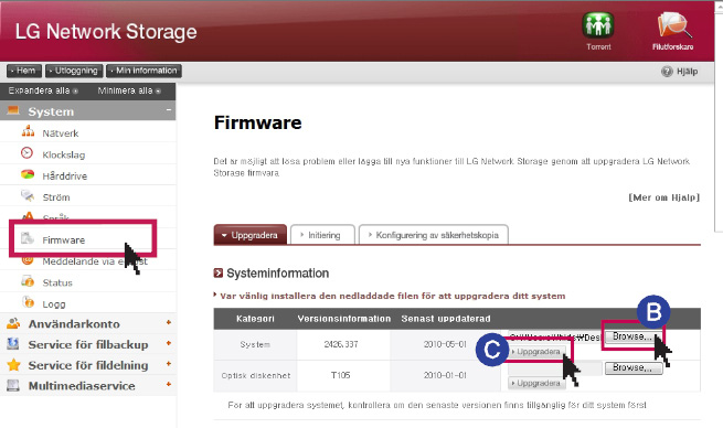 7-9. Konfigurering Inbyggd programvara Det är möjligt att hantera den fasta programvaran i LG Network Storage (uppgradering, initialisering, inställningar för säkerhetskopiering/återställning). 1.