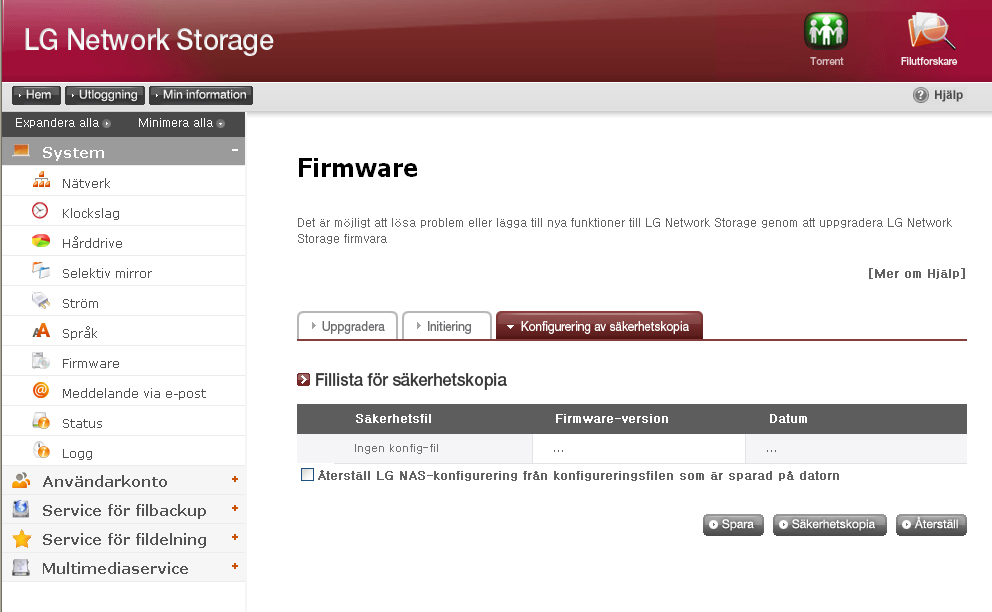 7-10. Konfigurering Återställa och säkerhetskopiera konfigurering 1. Initialisering Med funktionen görs initialisering av LG Network Storage. A Klicka på initialization.