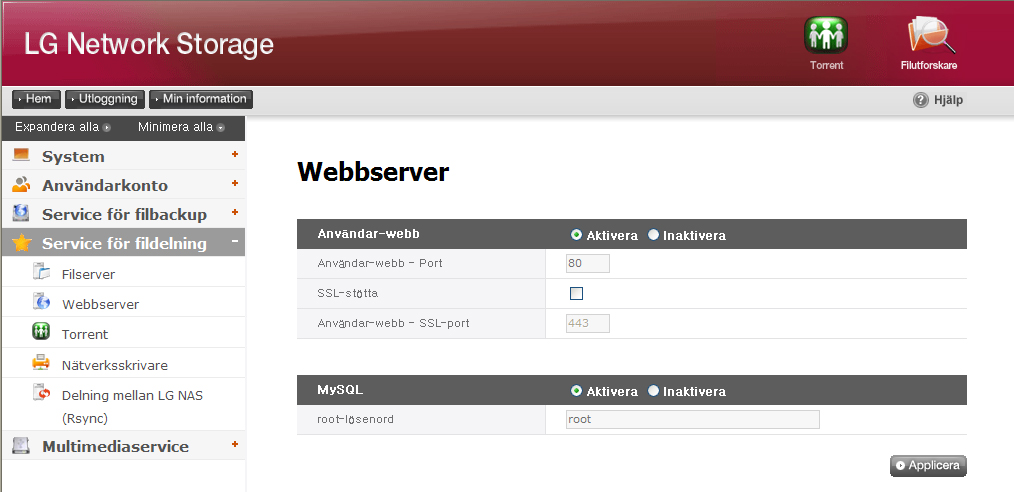 10-2. Fildelning Webbserver Web Server är en funktion som gör det möjligt för användaren att skapa sin egen hemsida i NAS.
