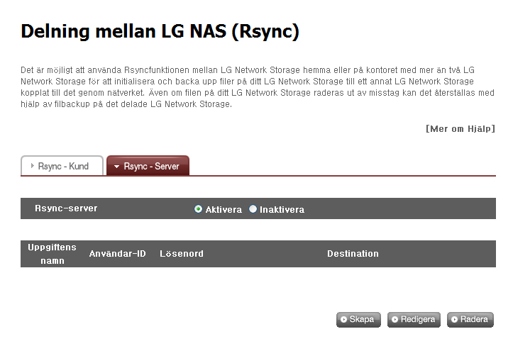 10-5. Fildelning RSYNC (Fjärrstyrd Data Back-up Service) Data kan backas upp med hjälp av ett annat LG NETWORK STORAGE inom samma nätverk så att man kan lagra värdefull användardata som sparats på LG