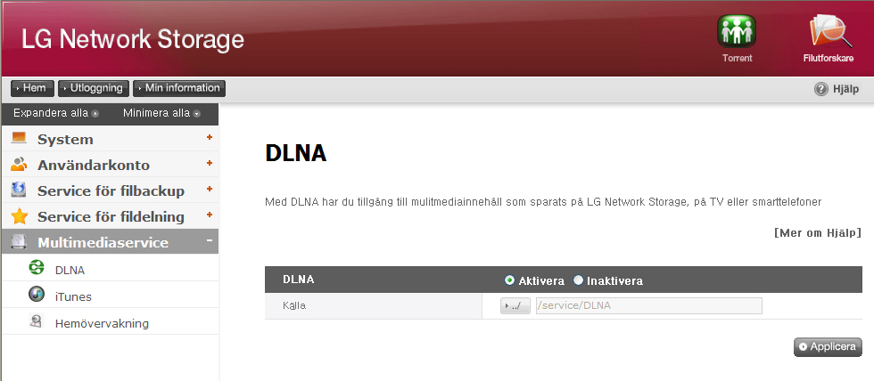 11-1. Multimedia DLNA Med funktionen DLNA (Digital Living Network Alliance) kan digital utrustning, som till exempel en dator, hårddisk eller digital TV-enhet, anslutas till ett nätverk via ett