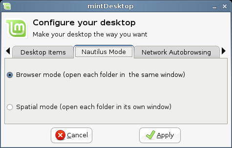 Gränsnittet i mintdesktop är mycket lättanvänt. Fliken Desktop Items låter dig bestämma vad som ska synas på skrivbordet.