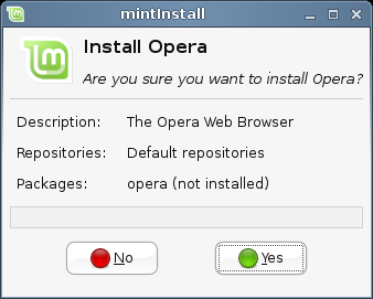 Välj Öppna with mintinstall (du kan spara.mint filen om du vill installera programmet vid ett senare tillfälle). MintInstall öppnas igen och frågar om du vill installera Opera.