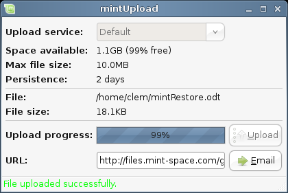 MintUpload jobbar mot en online-service som tillhandahålls av linuxmint.com som inte kräver någon inloggning eller registrering. I mintupload, benämns den här tjänsten Default.