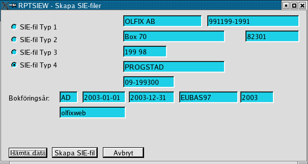 Skapande av SIE rapport typ 4. Ekonomi Rapporter Skapa SIE fil RPTSIEW används för att skapa en SIE fil. OBS! Bara typ 4 är ännu implementerad. Välj först vilken typ av SIE fil som önskas.