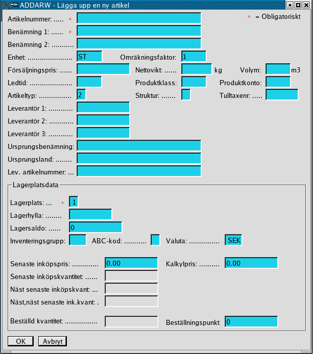 Ny artikel. Materialhantering Artikeldata Ny artikel Programmet ADDARW används för att registrera en ny artikel/produkt.