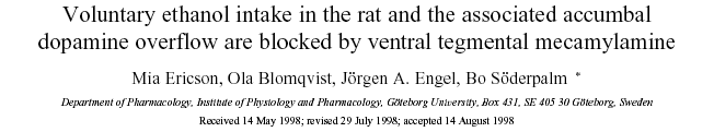 g ethanol per kg during 1 hour 2 Ethanol intake ml water during 1 hour 14 Water intake % of pre-drug baseline 200 Mecamylamine 100 µm Ringer solution 1,5 12 10 150 Mec/Ringer perfused in the VTA