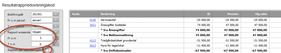 Om man avmarkerar Rapport per redovisningskod så visas en