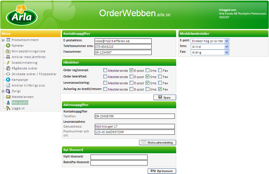 Klickar du på Min profil (1) kan du ange e-postadress, mobilnummer och faxnummer. Du kan då få viss information skickad till dig t.ex.