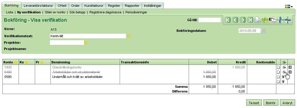 Ny hantering av ändringsverifikationer Nu finns möjligheten att stryka rader på verifikationer vilket innebär att du alltid kan se vilka förändringar som gjorts, både på verifikationen och i