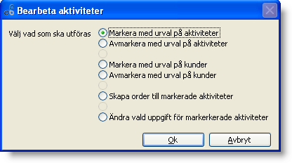 Du kan också arbeta med aktiviteter via rutinen Aktivitetslista kundstöd som återfinns i menyträdet. I denna rutin utgår du från aktiviteterna och kan skapa flera order i ett svep.