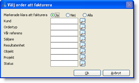 Fakturera order Förutom möjligheten att fakturera en order från rutinen Sök i orderregistret eller när du är inne i orderns radregistrering så kan du även fakturera en eller många order från denna