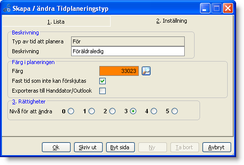 Tidplaneringstyper Tidplaneringen innehåller som sagt olika typer av planerad tid. För att skapa bra översikt bör olika typer av planerad tid visas med olika färger.