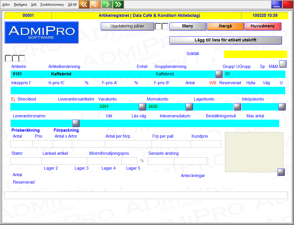 29 Artikelregistret (Huvudmeny, Kund, Artiklar) Sök fält Skriv in: Artikelnummer Lev.art.nummer Streckkod Artikelbenämning och tryck på <Enter> 111 Artikeln visas på skärmen om den finns.
