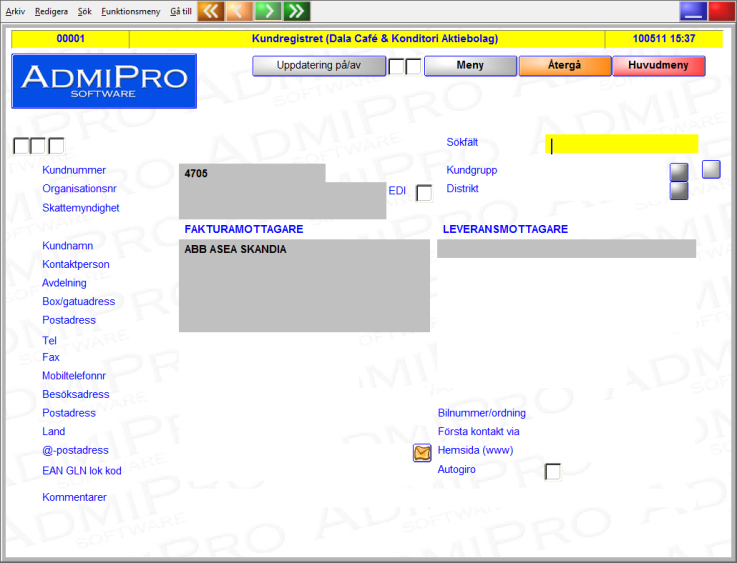 6 Kundregistret (Huvudmeny, kund, kunder) Snabbsökningsfält Skriv in: Kundnummer Kundnamn Organisationsnummer och tryck på <Enter>. Om kunden finns, visas den på skärmen.