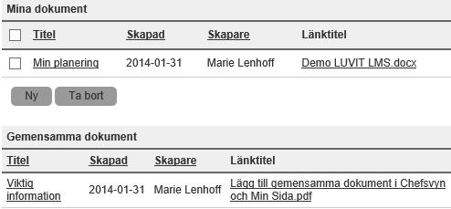 6.6. Dokument I fliken dokument finns möjlighet för chefer och medarbetare att ladda upp dokument som man vill ha tillgängliga i samband med planeringen. Klicka på Ny för att lägga till ett dokument.