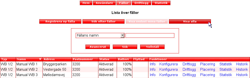 Administration Klicka på Fällor. En lista visas över de fällor som är kopplade till den inloggade användaren.