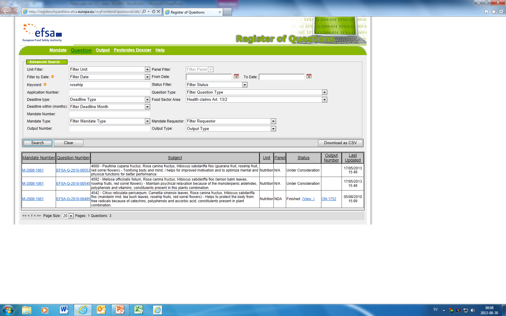 Re http://registerofquestions.efsa.europa.eu /roqfrontend/questionslistloader?