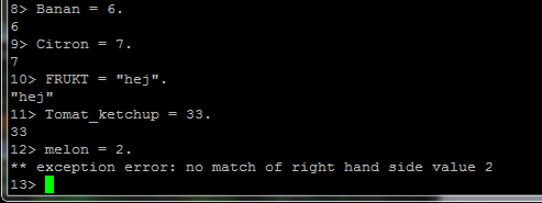 Syntax Eftersom Erlang är ett funktionellt språk och ganska likt Haskell så är även syntaxet likt Haskell. En viktig del i Erlangs syntax är att alltid avsluta uttryck med punkt.