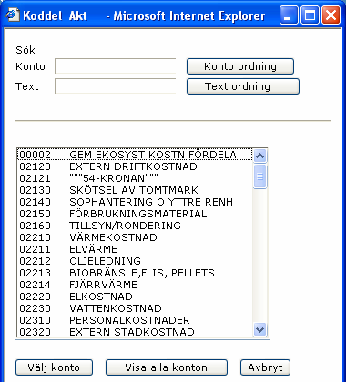 Visa konton För att se vilka koder som finns att välja, ställ markören i en koddel och tryck Alt + V eller dubbelklicka för önskad koddel.