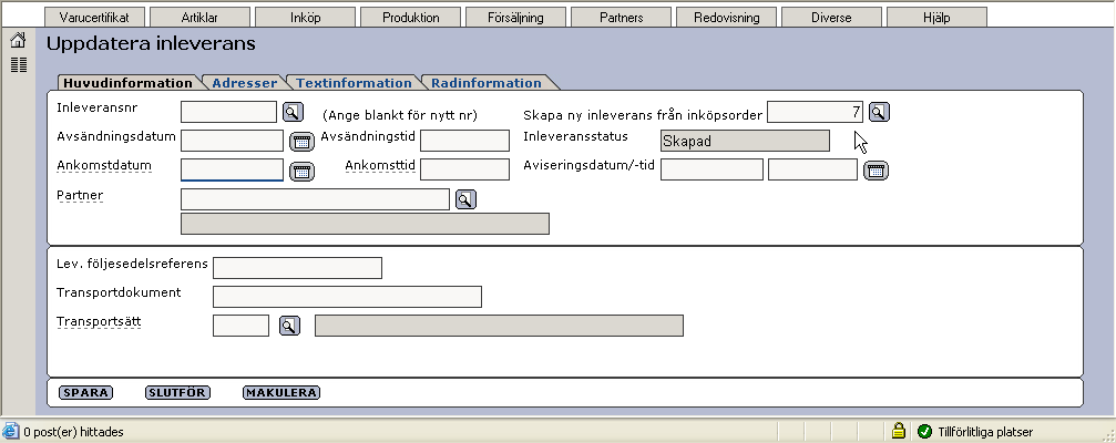 3.2.1.3 Lista inköpsorder Ny rutin för att lista inköpsorder har skapats. Välj menyn Inköp Lista inköpsorder. Enkel och detaljerad lista kan tas ut.