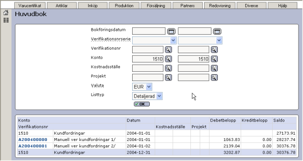 I rutinen Huvudbok skriver vi ut en huvudbok för 2004 gällande konto 1510.