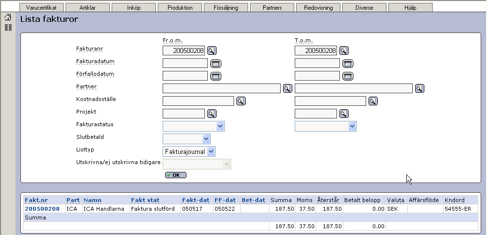 Möjlighet finns nu också att sortera på betalningsdatum genom att klicka på rubriken Bet-dat. 2.1.