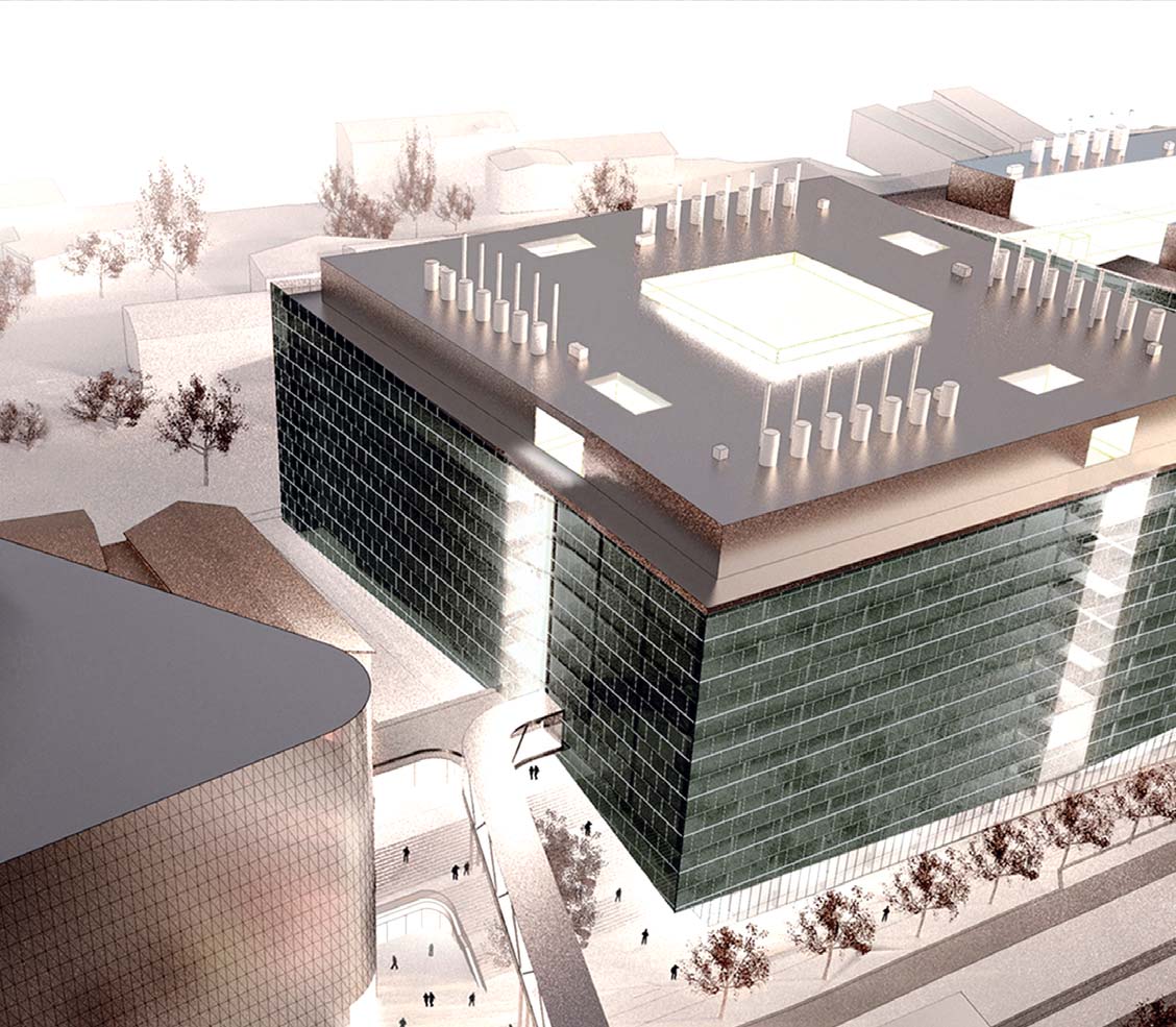 DETTA ÄR AKADEMISKA HUS 3 Skiss Biomedicum, Karolinska Institutet, Solna. Illustration från Berg Arkitektkontor/ Arkitektfirmaet C.F. Møller.