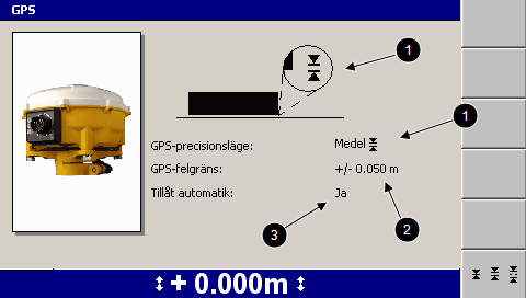 Använda 3D-styrning i fält 5 1 Nuvarande precisionsinställning 3 Tillgång till automatisk styrning 2 Felgräns Bild 5.2 Dialogruta för GPS-precisionsläge 2.