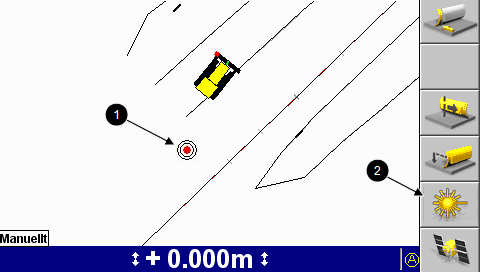 Använda 3D-styrning i fält 5 Informationsfönstret med planvyn visar platsen för lasersändaren (1): Tryck på Laser (2) från valfritt informationsfönster för att inaktivera en lasermottagare som källa