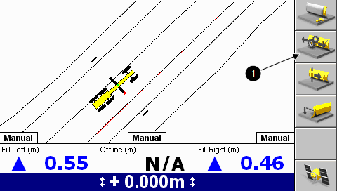 Använda 3D-styrning i fält 5 sidoförflyttningskolven trycker du på Sidoförfl Auto (1) från valfri skärm med styrningsinformation, så som visas nedan: Genom att trycka på Sidförfl Auto stänger du av