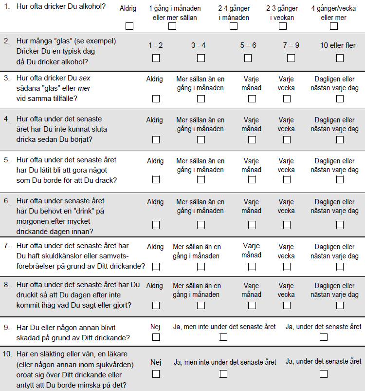 AUDIT (c) Ingen intervention Män: < 7 poäng Kvinnor: < 5 poäng Rådgivning (ev.